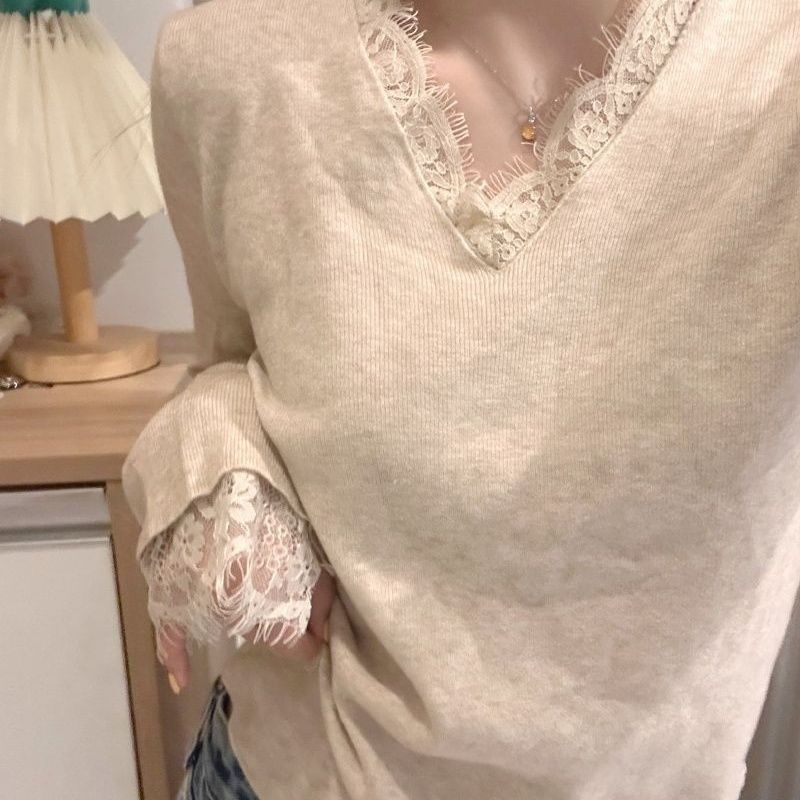 Tricou T cu decolteu în V, mâneci lungi, croială slim, material chenille cu elastan, primăvara 2025