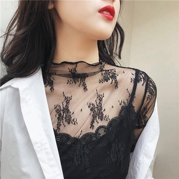 Bluza de dantelă, Dantelă din nailon, Model floral, Țesătură perforată, Guler semi-înalt, Mâneci lungi