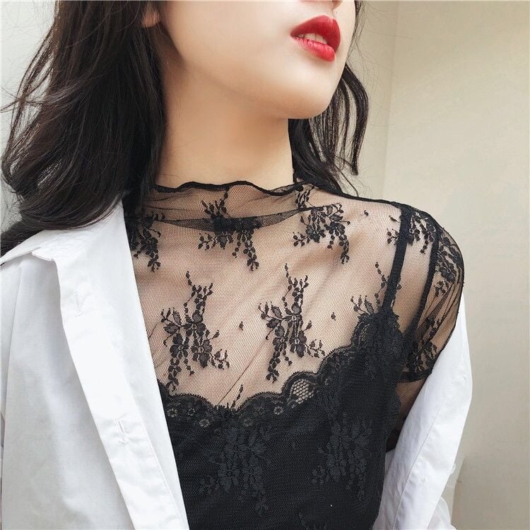 Bluza de dantelă, Dantelă din nailon, Model floral, Țesătură perforată, Guler semi-înalt, Mâneci lungi