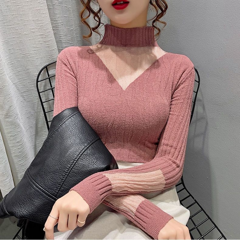 Pulover cu guler semi-înalt, din ice silk cu 70–80% spandex, mâneci tip prințesă, lungime 50–65 cm