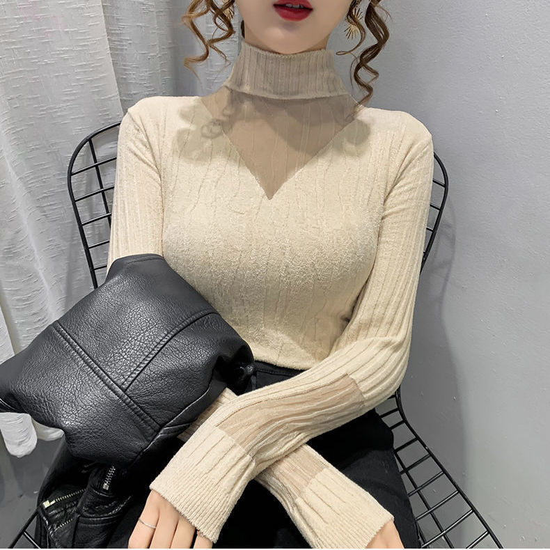 Pulover cu guler semi-înalt, din ice silk cu 70–80% spandex, mâneci tip prințesă, lungime 50–65 cm
