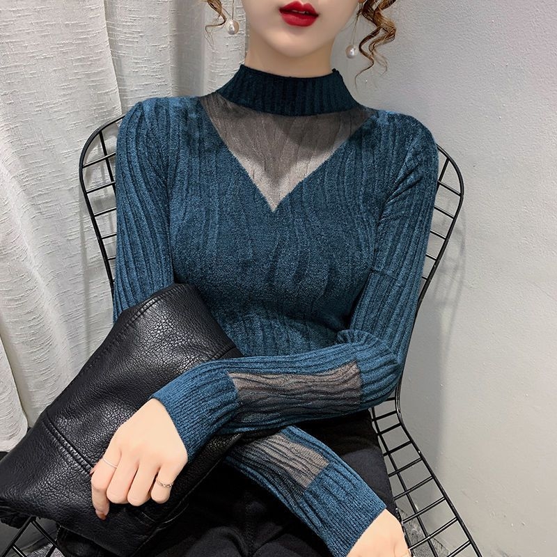Pulover cu guler semi-înalt, din ice silk cu 70–80% spandex, mâneci tip prințesă, lungime 50–65 cm