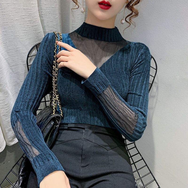 Pulover cu guler semi-înalt, din ice silk cu 70–80% spandex, mâneci tip prințesă, lungime 50–65 cm