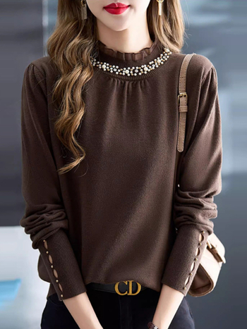 Pleten pulover s perlicama, slobodnog kroja, poluvisoki ovratnik i dugi rukavi