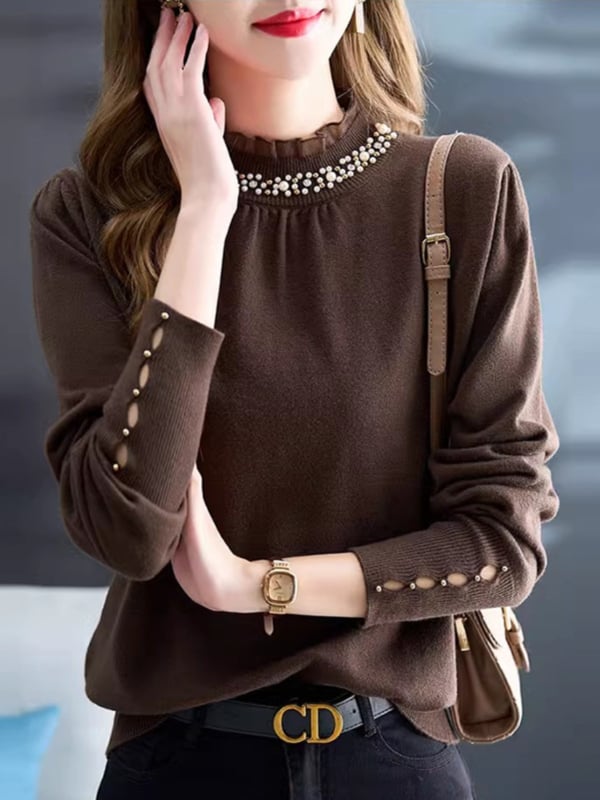 Pleten pulover s perlicama, slobodnog kroja, poluvisoki ovratnik i dugi rukavi