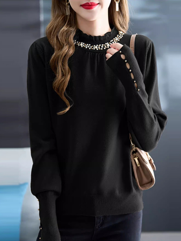 Pleten pulover s perlicama, slobodnog kroja, poluvisoki ovratnik i dugi rukavi