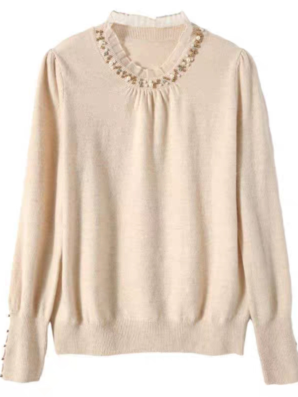 Pleten pulover s perlicama, slobodnog kroja, poluvisoki ovratnik i dugi rukavi