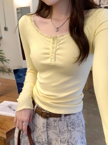 Μπλουζάκι τύπου T-shirt με μακριά μανίκια, εφαρμοστή γραμμή, βαμβάκι-βισκόζη, κολάρο με μερικό άνοιγμα