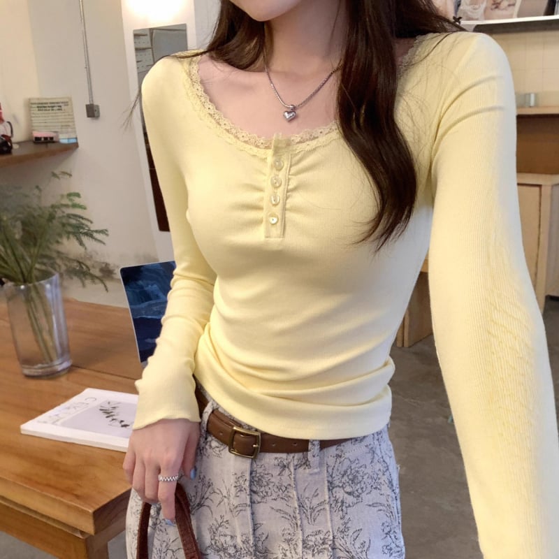 Μπλουζάκι τύπου T-shirt με μακριά μανίκια, εφαρμοστή γραμμή, βαμβάκι-βισκόζη, κολάρο με μερικό άνοιγμα