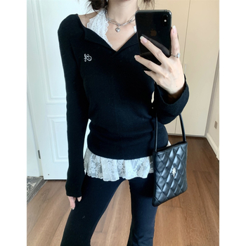 Κεντημένο πλεκτό πουλόβερ με μακριά μανίκια και V-λαιμό, μοτίβο κειμένου, ραφή σύνθεσης, πολυεστέρας