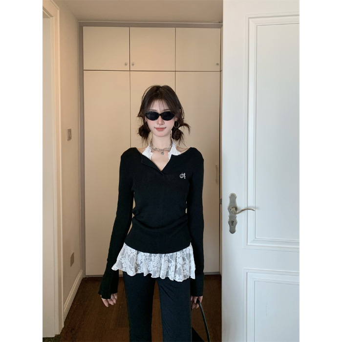 Κεντημένο πλεκτό πουλόβερ με μακριά μανίκια και V-λαιμό, μοτίβο κειμένου, ραφή σύνθεσης, πολυεστέρας