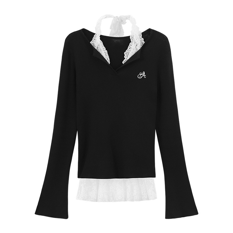 Κεντημένο πλεκτό πουλόβερ με μακριά μανίκια και V-λαιμό, μοτίβο κειμένου, ραφή σύνθεσης, πολυεστέρας