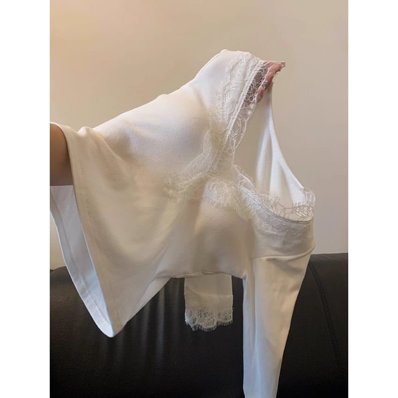 Γυναικεία μακρυμάνικη μπλούζα εσωτερική με δαντελένιο forκά, βαμβάκι-βισκόζη, μονόχρωμη, κεντημένη, χαλαρή εφαρμογή, Άνοιξη 2025