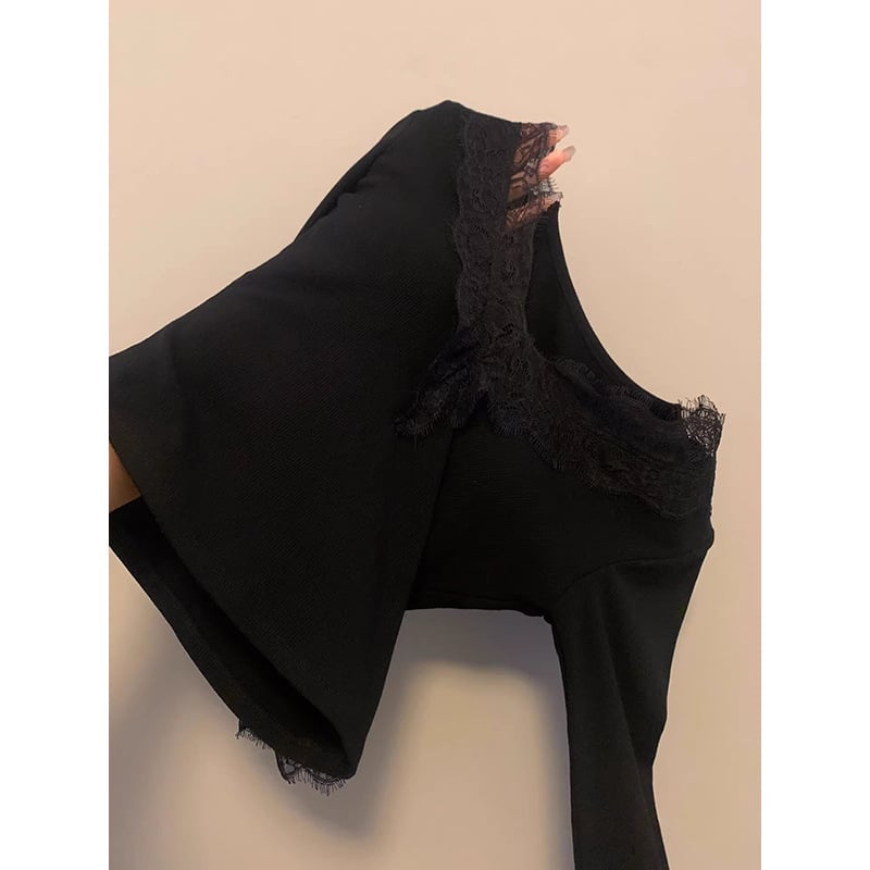 Γυναικεία μακρυμάνικη μπλούζα εσωτερική με δαντελένιο forκά, βαμβάκι-βισκόζη, μονόχρωμη, κεντημένη, χαλαρή εφαρμογή, Άνοιξη 2025