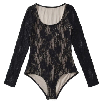 Ženski kombinezon s čipkom i kukičanim uzorkom, viskoza, dugi rukavi, nizak okrugli izrez, uzorak biljke i cvijeće, zatvaranje kopčama