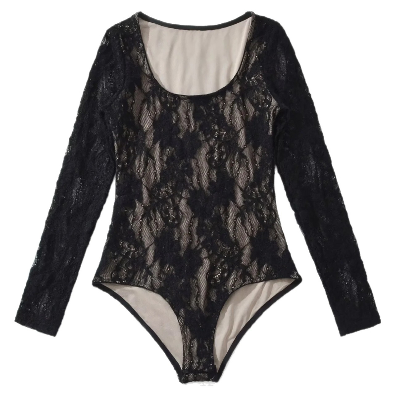 Ženski kombinezon s čipkom i kukičanim uzorkom, viskoza, dugi rukavi, nizak okrugli izrez, uzorak biljke i cvijeće, zatvaranje kopčama