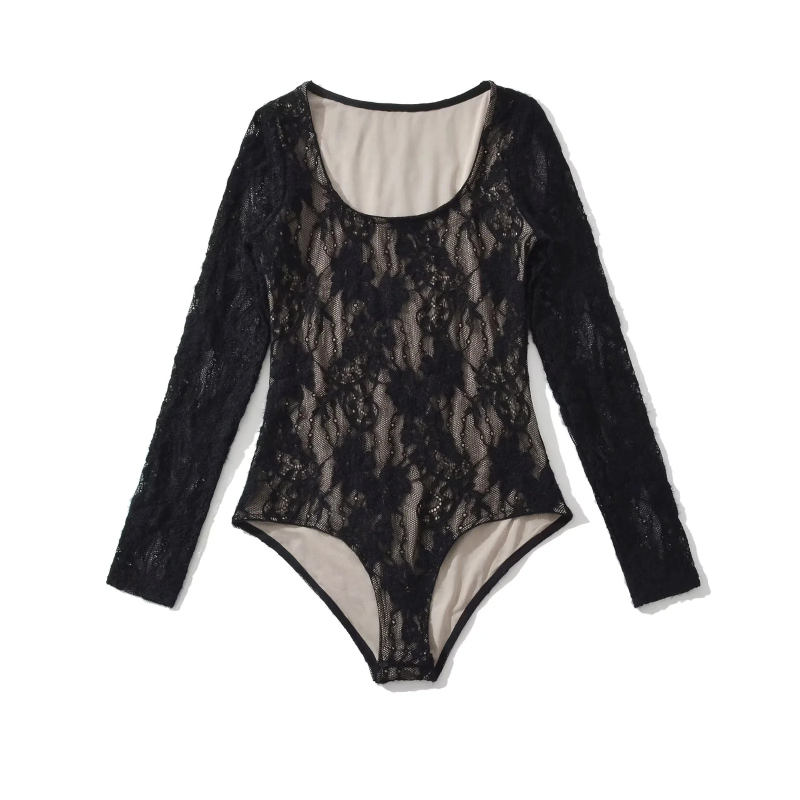 Ženski kombinezon s čipkom i kukičanim uzorkom, viskoza, dugi rukavi, nizak okrugli izrez, uzorak biljke i cvijeće, zatvaranje kopčama