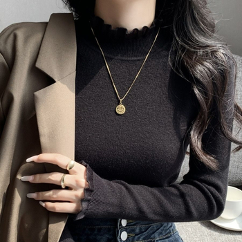 Pleteni džemper s geometrijskim uzorkom, ovratnik s lotus listom, rukavi u stilu princeze, duljina 50-65 cm