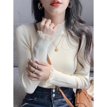 Pleteni džemper s geometrijskim uzorkom, ovratnik s lotus listom, rukavi u stilu princeze, duljina 50-65 cm