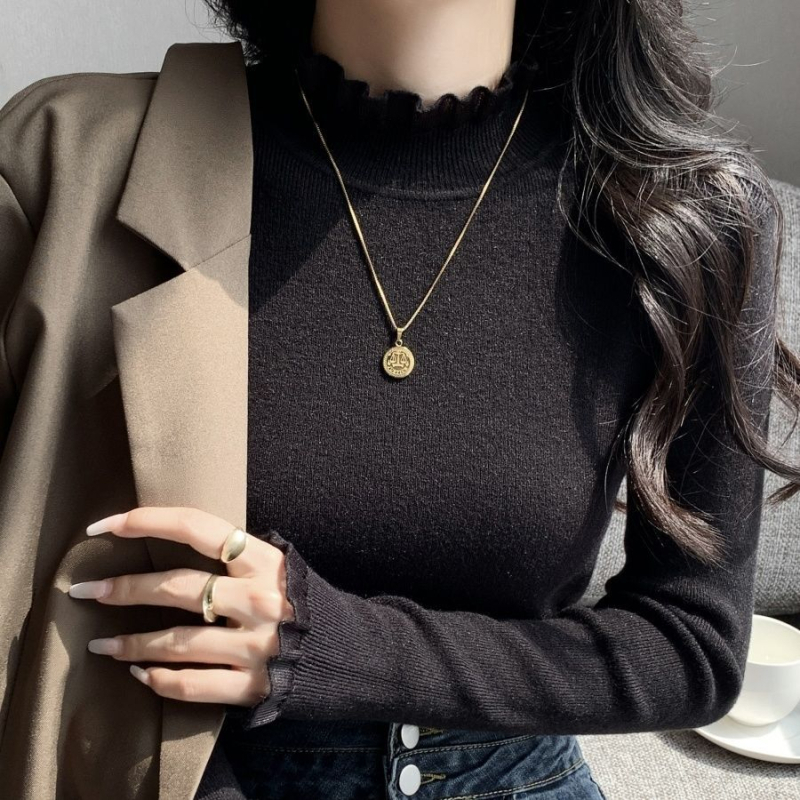 Pleteni džemper s geometrijskim uzorkom, ovratnik s lotus listom, rukavi u stilu princeze, duljina 50-65 cm