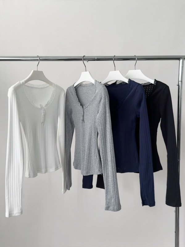 Majica s dugim rukavima, okrugli vrat, čipkasta patchwork, slim fit, 95% pamuk