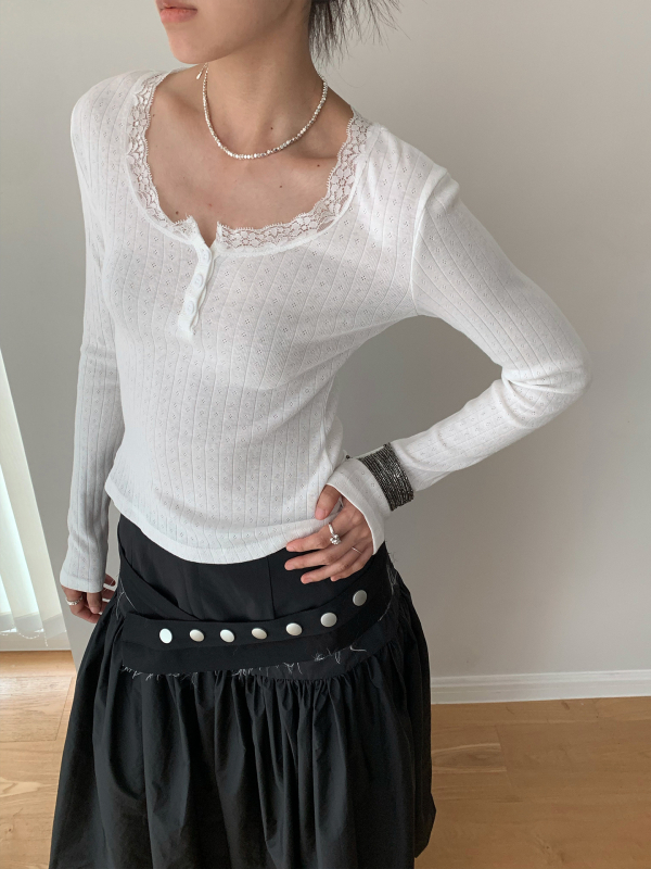 Majica s dugim rukavima, okrugli vrat, čipkasta patchwork, slim fit, 95% pamuk