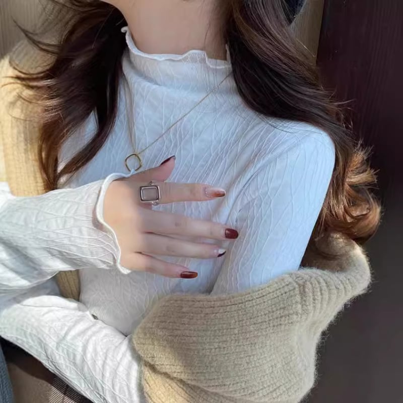 Top dama din fleece cu căptușeală de dantelă și plasă, croială pulover, guler half-turtleneck, mâneci lungi, material poliester, model uni, detalii de cusături collage