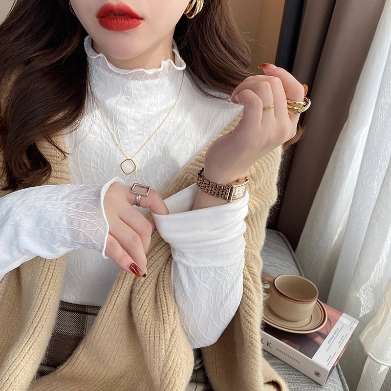 Top dama din fleece cu căptușeală de dantelă și plasă, croială pulover, guler half-turtleneck, mâneci lungi, material poliester, model uni, detalii de cusături collage