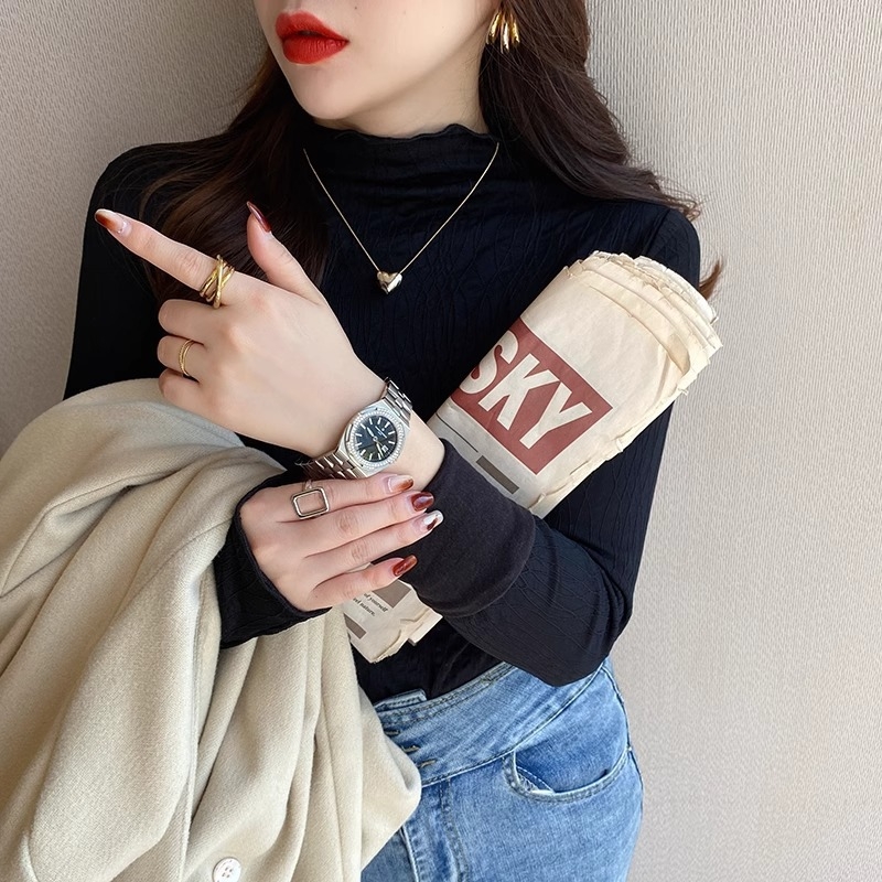 Top dama din fleece cu căptușeală de dantelă și plasă, croială pulover, guler half-turtleneck, mâneci lungi, material poliester, model uni, detalii de cusături collage