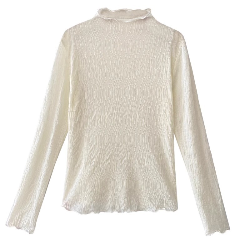 Top dama din fleece cu căptușeală de dantelă și plasă, croială pulover, guler half-turtleneck, mâneci lungi, material poliester, model uni, detalii de cusături collage