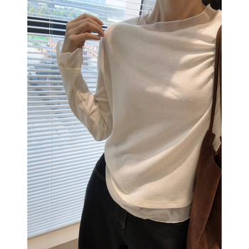 Tricou din bumbac cu bază dantelată, amestec de bumbac, mânecă lungă, decolteu în V, oversize, croi patchwork, stil coreean
