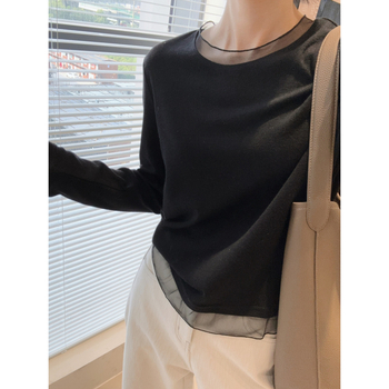 Tricou din bumbac cu bază dantelată, amestec de bumbac, mânecă lungă, decolteu în V, oversize, croi patchwork, stil coreean