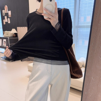 Tricou din bumbac cu bază dantelată, amestec de bumbac, mânecă lungă, decolteu în V, oversize, croi patchwork, stil coreean