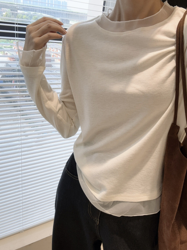Tricou din bumbac cu bază dantelată, amestec de bumbac, mânecă lungă, decolteu în V, oversize, croi patchwork, stil coreean