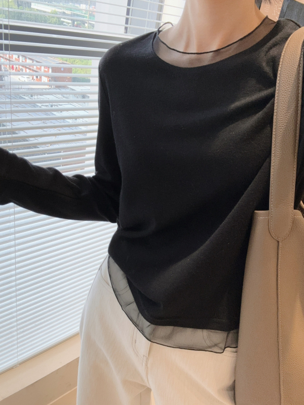 Tricou din bumbac cu bază dantelată, amestec de bumbac, mânecă lungă, decolteu în V, oversize, croi patchwork, stil coreean