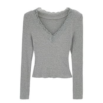 Γυναικεία Μπλούζα με Δαντέλα και V-Λαιμό, Μακριά Μανίκια, Κορεάτικος Στυλ Αρχών Φθινοπωρού, Στενή Γραμμή, Ύφασμα Βισκόζη-Σπαντέξ, Μονόχρωμη, Φθινόπωρο 2025