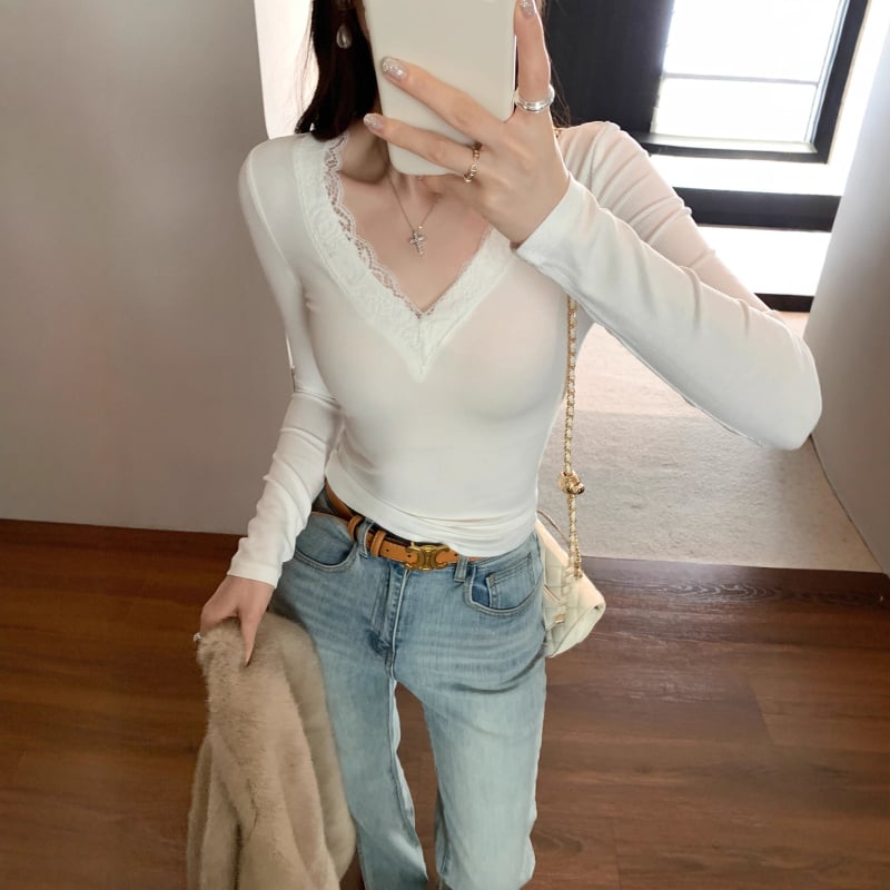 Γυναικεία Μπλούζα με Δαντέλα και V-Λαιμό, Μακριά Μανίκια, Κορεάτικος Στυλ Αρχών Φθινοπωρού, Στενή Γραμμή, Ύφασμα Βισκόζη-Σπαντέξ, Μονόχρωμη, Φθινόπωρο 2025