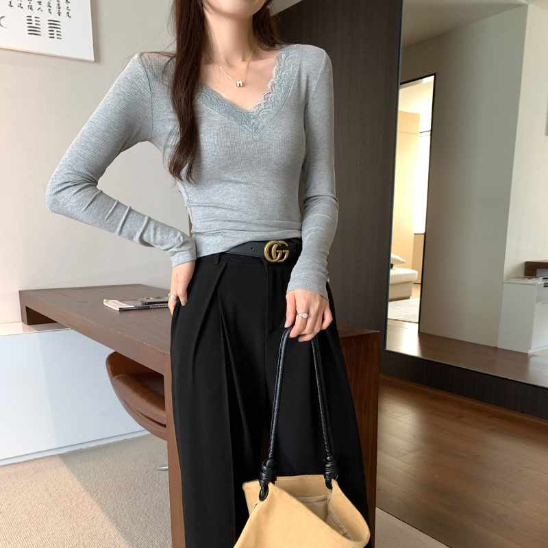 Γυναικεία Μπλούζα με Δαντέλα και V-Λαιμό, Μακριά Μανίκια, Κορεάτικος Στυλ Αρχών Φθινοπωρού, Στενή Γραμμή, Ύφασμα Βισκόζη-Σπαντέξ, Μονόχρωμη, Φθινόπωρο 2025