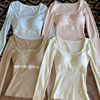 Top de damă cu mânecă lungă, sutien încorporat, dantelă patchwork, din viscoză, stil coreean, decolteu în formă de U