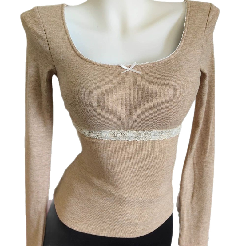 Top de damă cu mânecă lungă, sutien încorporat, dantelă patchwork, din viscoză, stil coreean, decolteu în formă de U
