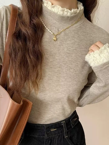 Pulover damă cu guler semiînalt, lână pluș 220 g, mâneci lungi, croială slim, tricotat