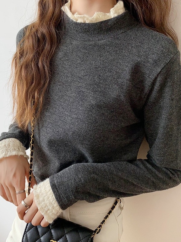 Pulover damă cu guler semiînalt, lână pluș 220 g, mâneci lungi, croială slim, tricotat