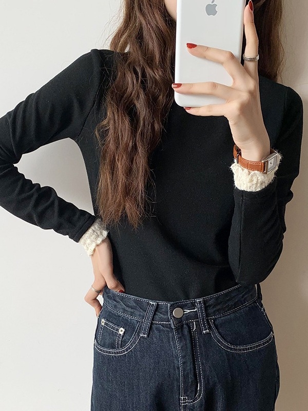 Pulover damă cu guler semiînalt, lână pluș 220 g, mâneci lungi, croială slim, tricotat