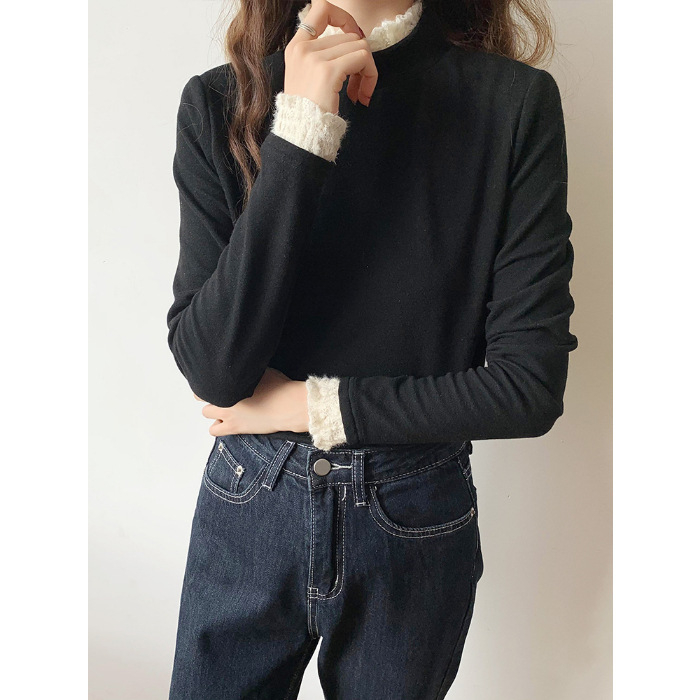 Pulover damă cu guler semiînalt, lână pluș 220 g, mâneci lungi, croială slim, tricotat