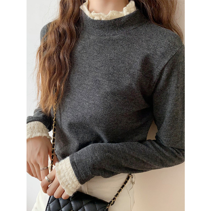 Pulover damă cu guler semiînalt, lână pluș 220 g, mâneci lungi, croială slim, tricotat