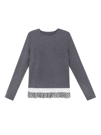 Μπλούζα από μείγμα καθαρού βαμβακιού και γερμανικού βελούδου, ρομαντικός δαντελένιος φινιρισμός με βολάν, μακριά μανίκια, στρογγυλός λαιμός