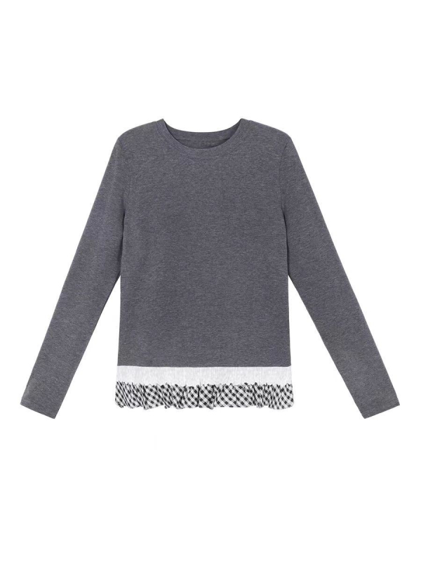 Μπλούζα από μείγμα καθαρού βαμβακιού και γερμανικού βελούδου, ρομαντικός δαντελένιος φινιρισμός με βολάν, μακριά μανίκια, στρογγυλός λαιμός