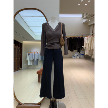 Μπλούζα T‑shirt με δαντέλα, V λαιμό, μακριά μανίκια, ραγκλάν γραμμή, εφαρμοστό, ακρυλικές ίνες