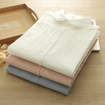 Πουκάμισο από βαμβακερό νήμα με γιακά τύπου doll, δαντελένιες λεπτομέρειες και πιέτες, χαλαρή γραμμή, μακριά μανίκια