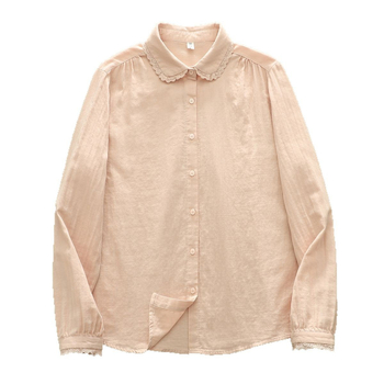 Πουκάμισο από βαμβακερό νήμα με γιακά τύπου doll, δαντελένιες λεπτομέρειες και πιέτες, χαλαρή γραμμή, μακριά μανίκια